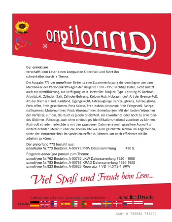 Annohof-Verlag Datensammlung technische Daten der PKW/Personenkraftwagen der Baujahre 1920 - 1955 - annoligno 773